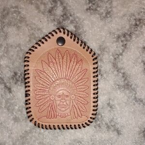 Tan Leather Keychain with Native American Design